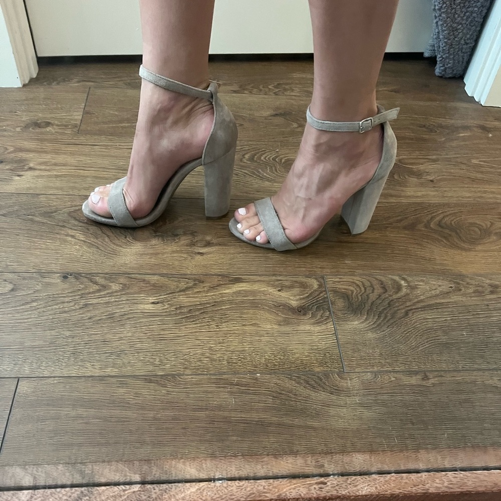 Steve Madden Gray Suede Strap Heels, size 9, 4-inch heels.